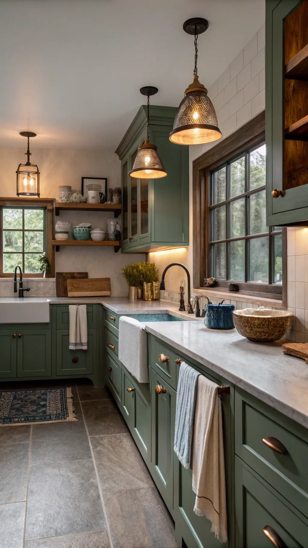 Cozy intimate galley kitchen with sage green cabinets, weathered oak open shelving, and vintage enamelware under mixed lighting during blue hour.
