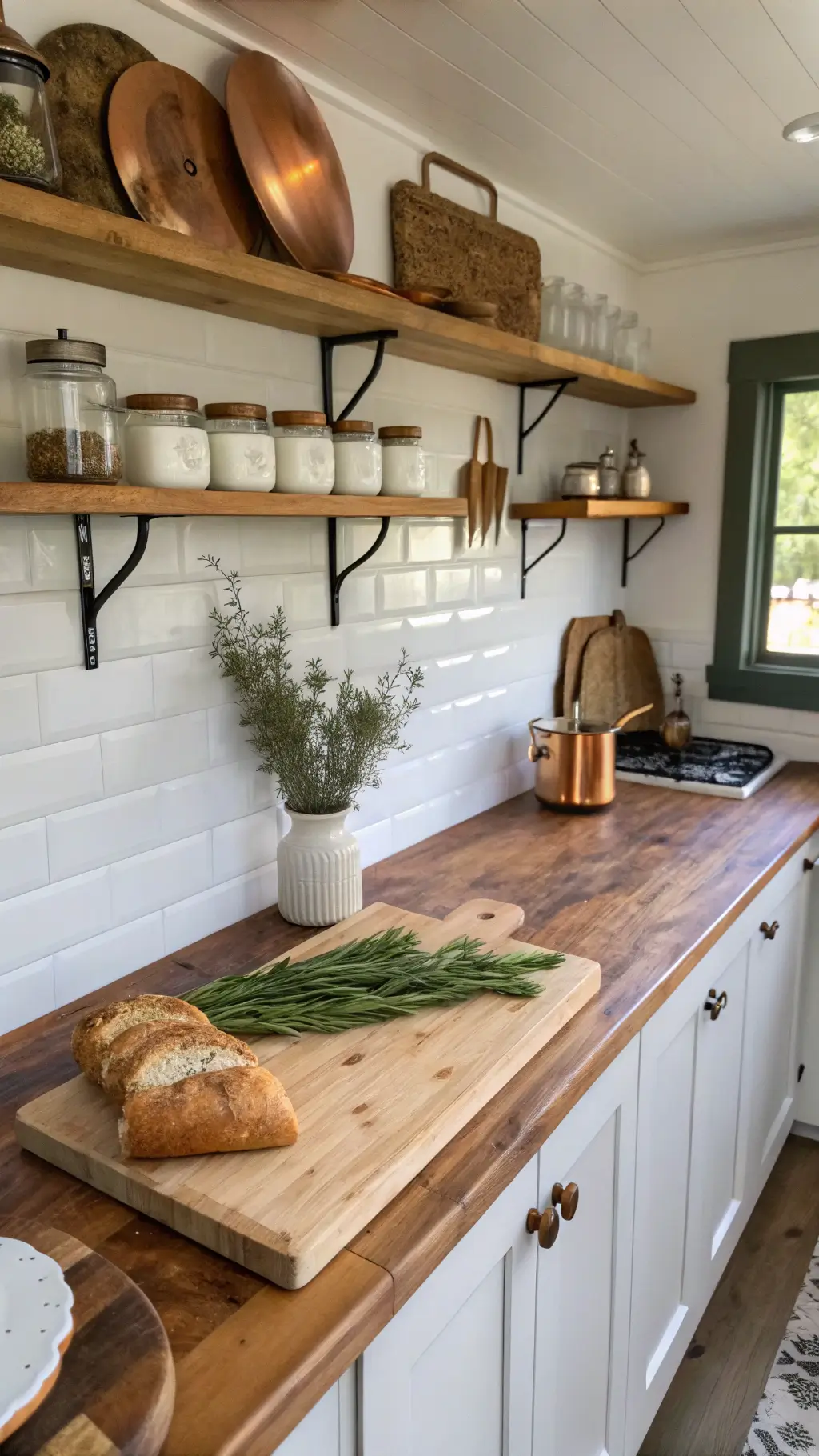 Compact farmhouse kitchen featuring butcher block countertop with breadboard, herbs, and white ceramic canisters, floating shelves with copper cookware and ironstone pieces, and warm brass cabinet hardware in natural light.