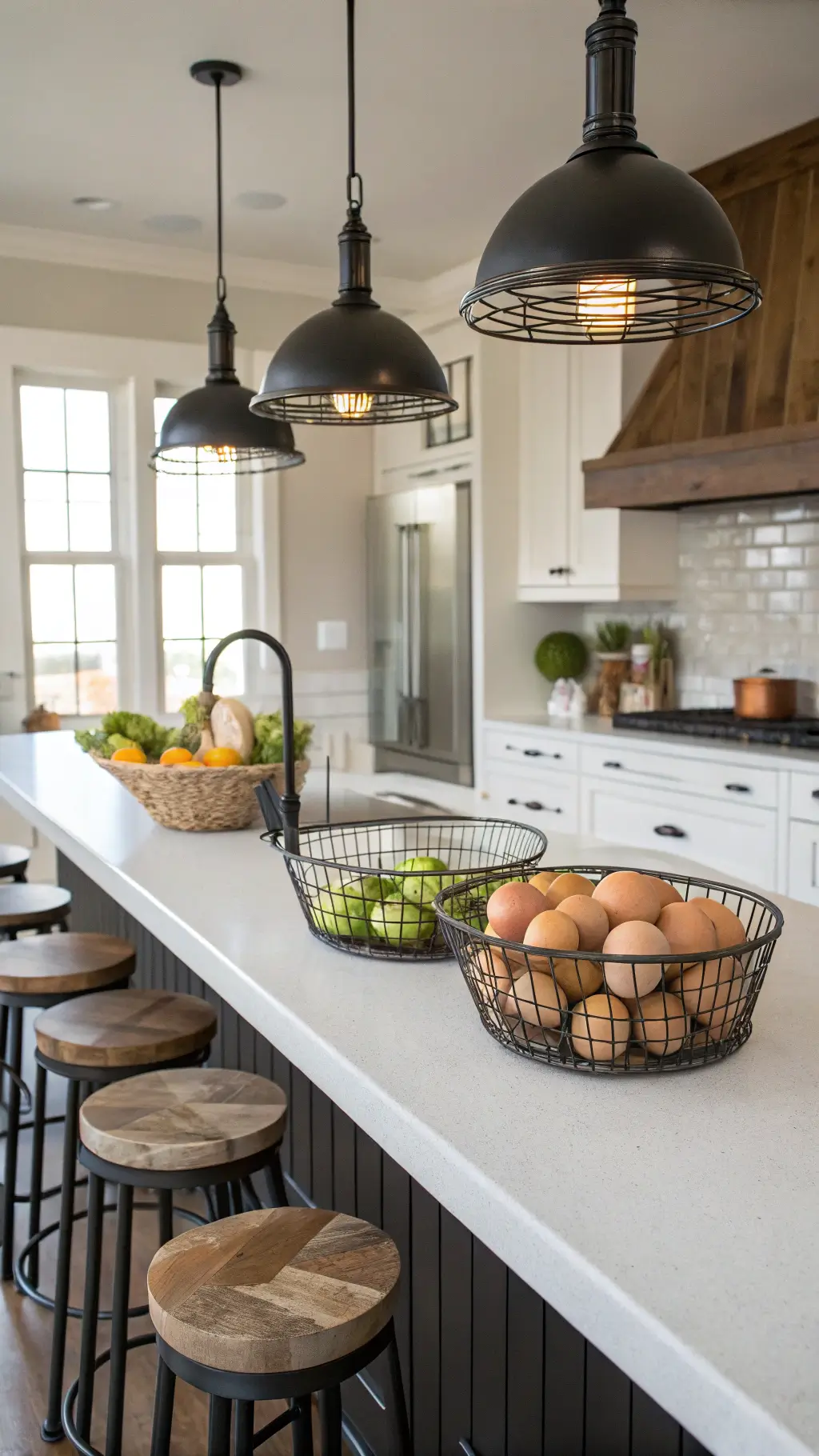 Cozy modern farmhouse kitchen scene with matte black pendant lights over white quartz countertop and vintage wire baskets filled with fresh produce, viewed at a 45-degree angle in afternoon light