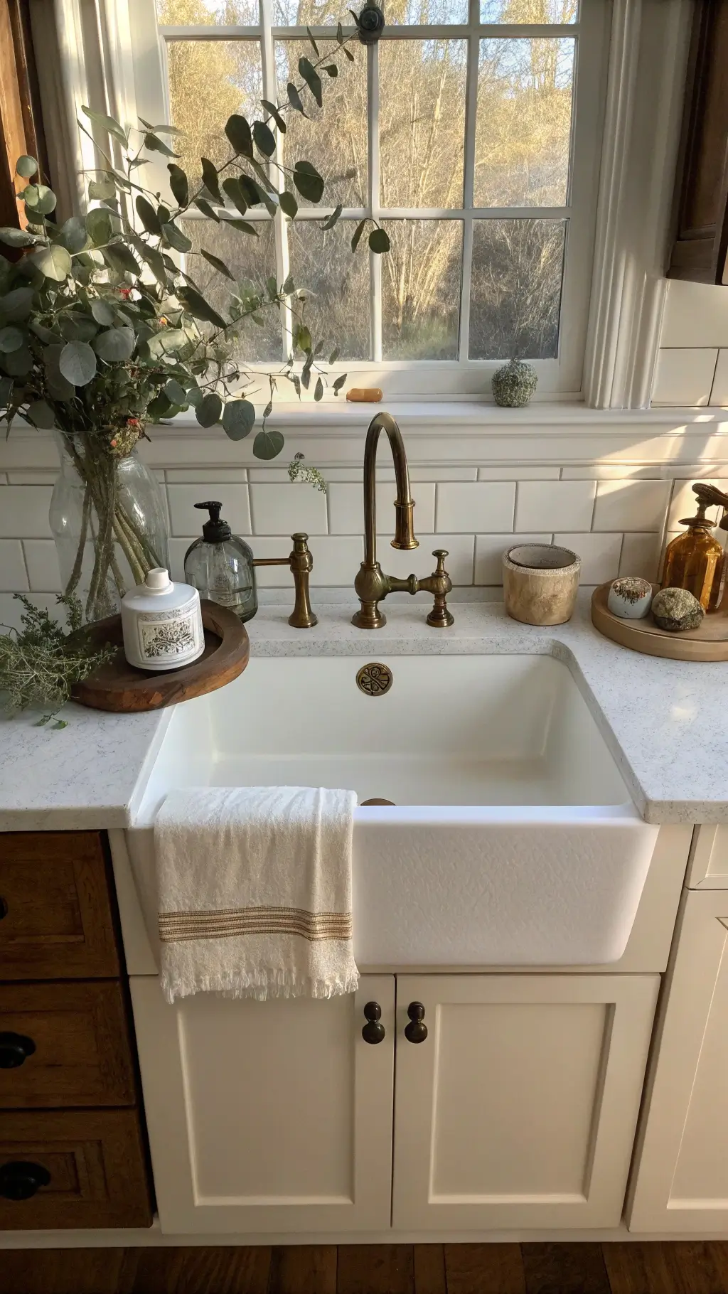Farmhouse sink beneath a window with black iron hardware, featuring eucalyptus branches in a glass vase, a pottery soap dish, vintage hand towels and an aged brass faucet in the afternoon glow