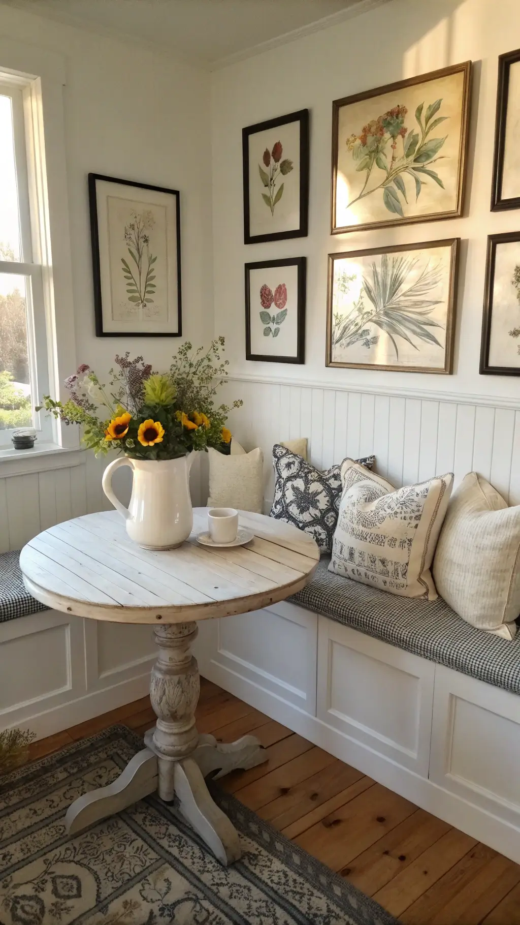 Breakfast nook at dawn featuring a built-in bench with vintage grain sack cushions, a round oak table with a ceramic pitcher of wildflowers, and a gallery wall of vintage botanical prints