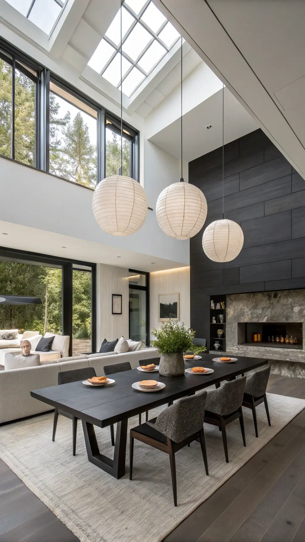 High ceiling contemporary dining room with black oak table, minimalist floor cushions, ikebana in tokonoma alcove, paper lanterns, and charcoal accent wall contrasting white plaster.