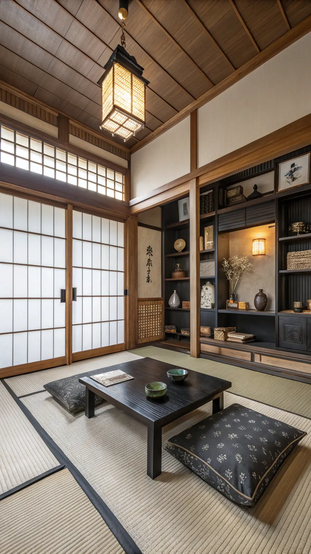 Low-angle view of a tea room inspired 12x14ft study with tatami flooring, cypress shelving filled with ceramics, charcoal linen floor cushions around a black lacquer table, shoji screens casting shadow play, and a vintage brass floor lamp providing accent lighting.