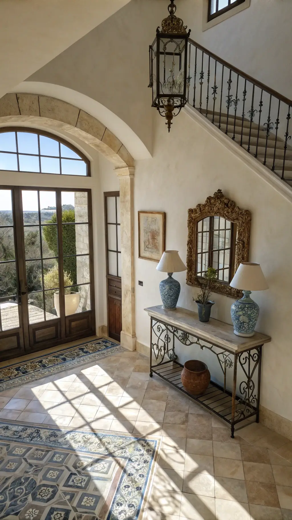 Elevated view of a spacious entry hall with afternoon light casting geometric shadows on limestone floor, Mediterranean pottery on a wrought iron table, large distressed mirror reflecting light, whitewashed walls with plaster technique, vintage olive jar with dried pampas grass in corner, and iron lantern pendant light creating shadow play.