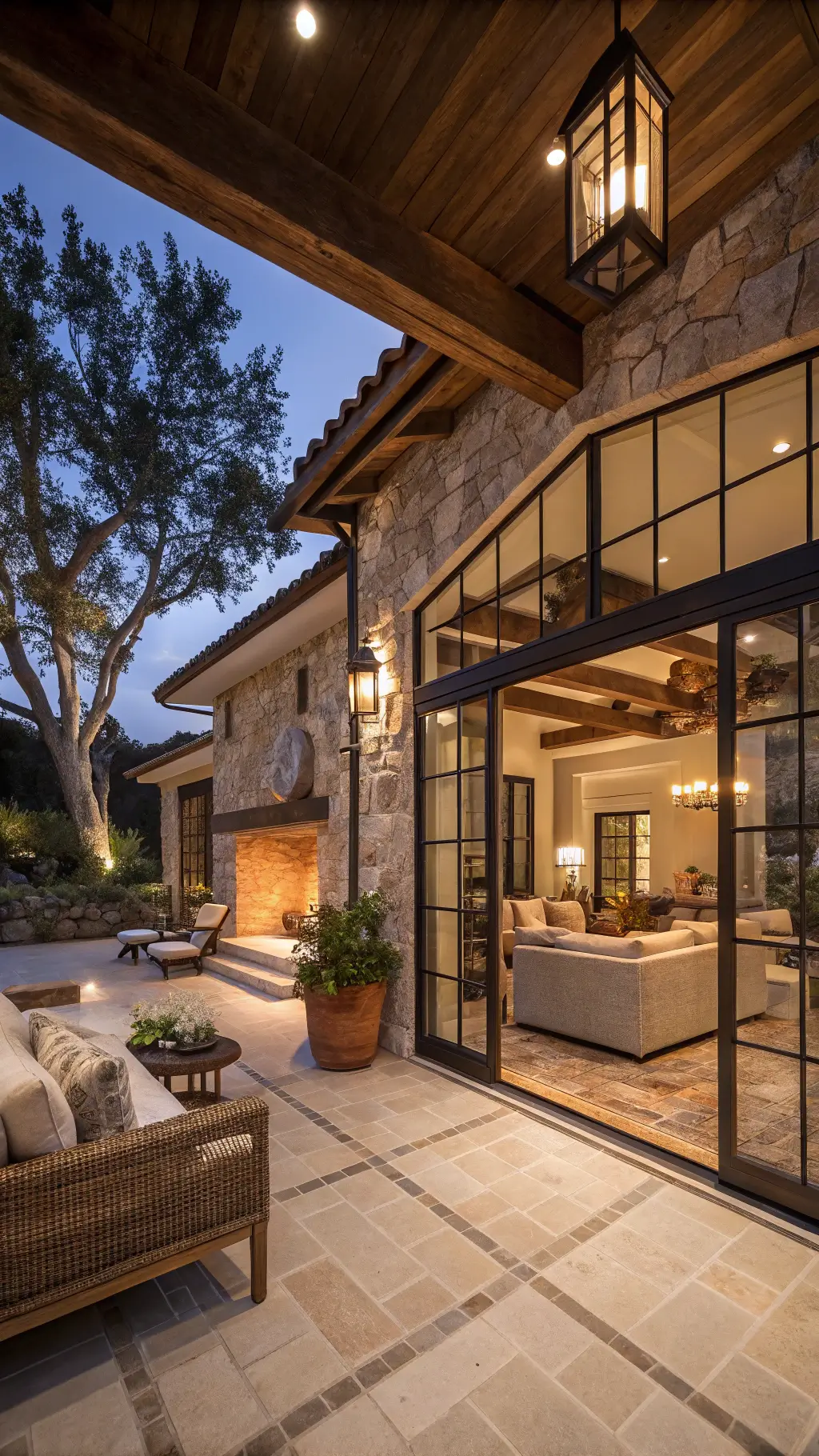 Twilight view of a 30x20ft indoor-outdoor living area with rustic wooden beams, limestone flooring, steel-framed glass doors, stone fireplace and accent wall, vintage kilim pillows, natural fiber seating, copper lanterns, and potted citrus trees and lavender.