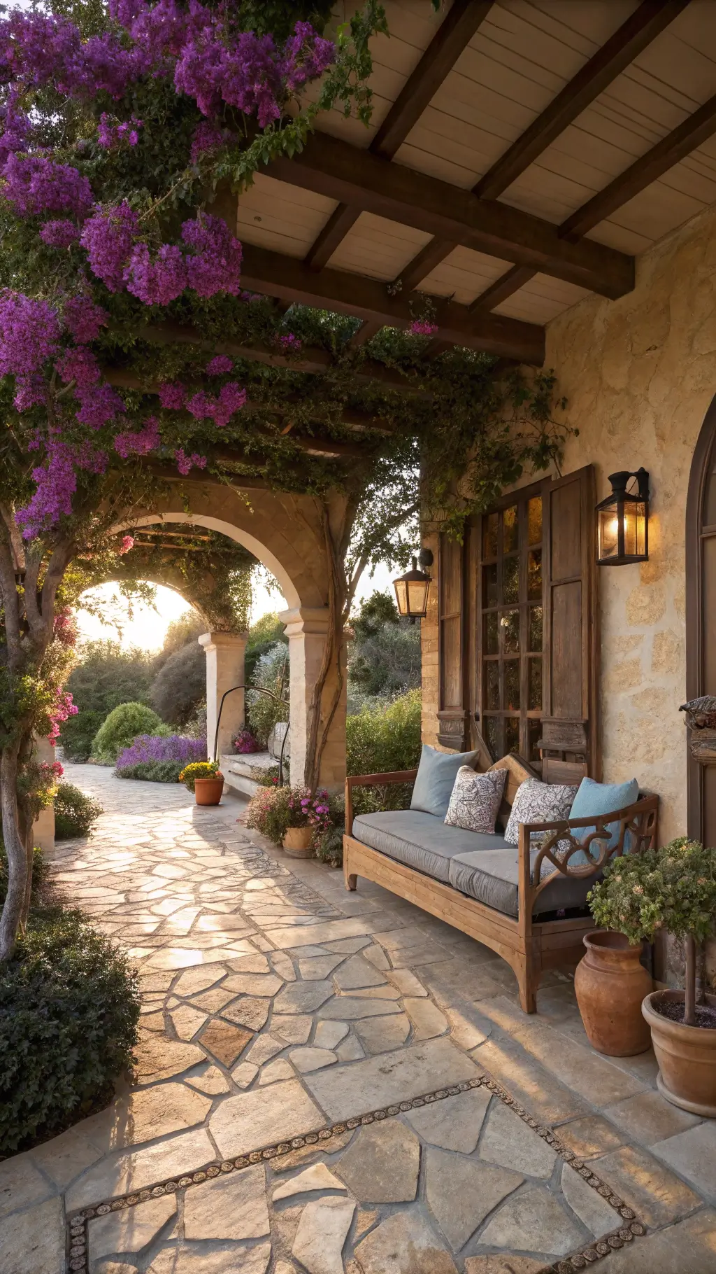 Covered outdoor loggia featuring rustic stone flooring, wrought iron lanterns hanging from wooden beams, weathered daybed with indigo cushions facing an antique fountain, and terracotta pots with lavender and citrus trees in late afternoon golden light.