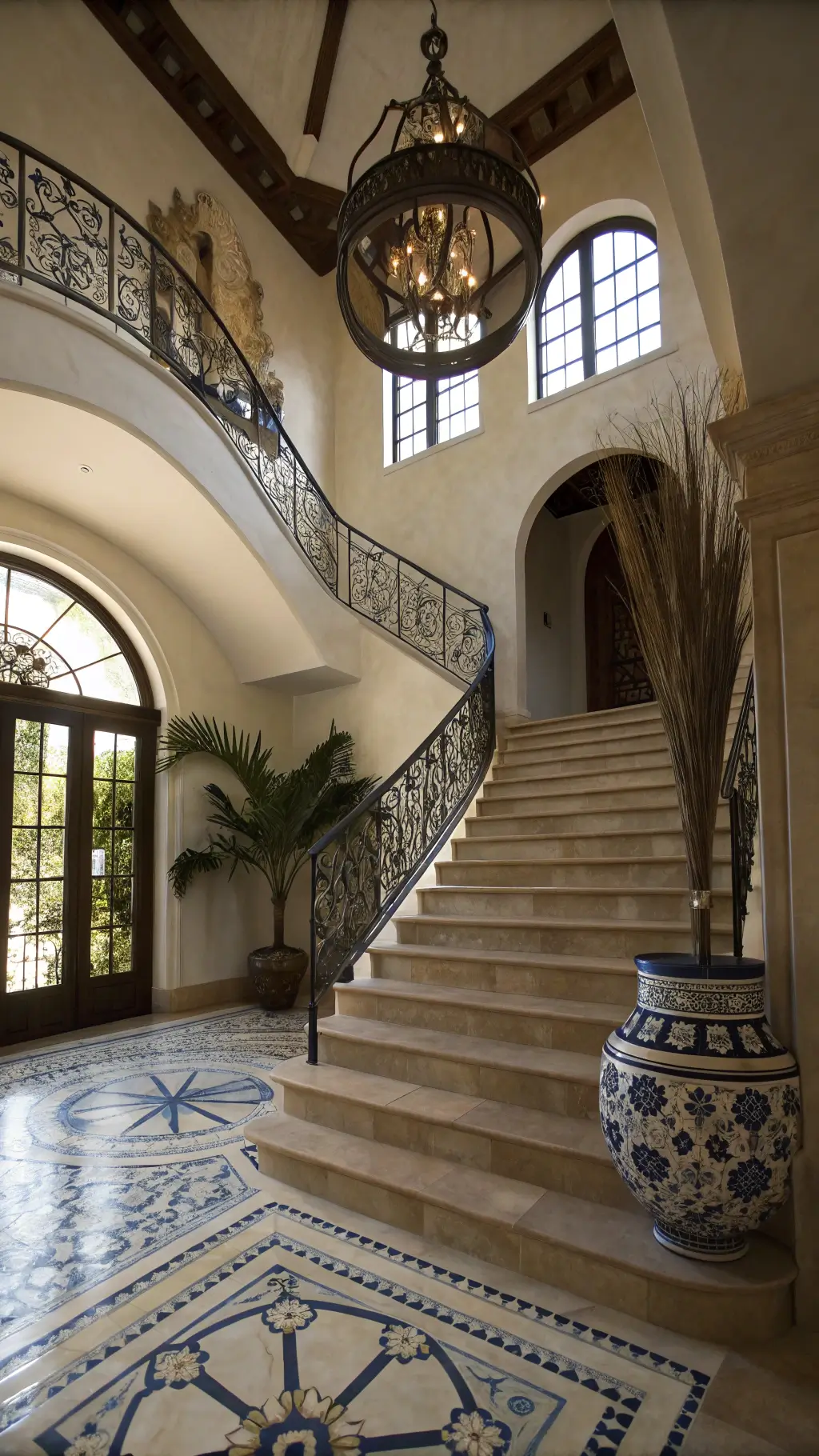 Entryway with high ceiling, wrought iron staircase with blue and white tile risers, limestone flooring with medallion design, and a pendant light casting geometric shadows on a ceramic vessel with dried palm fronds.