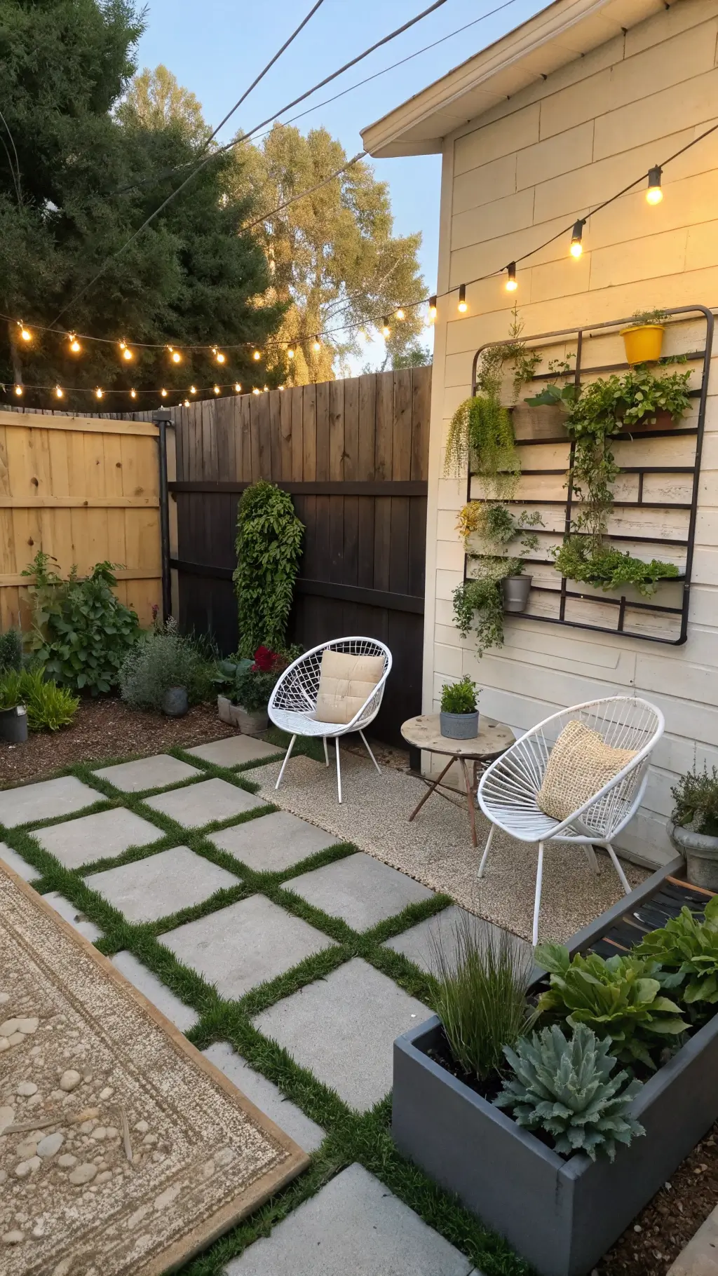 Budget-friendly revamped courtyard featuring modular deck tiles, a DIY vertical herb garden, restored vintage furniture, string lights overhead, repurposed industrial containers with drought-tolerant plants and a natural fiber rug defining the seating area in the afternoon light.