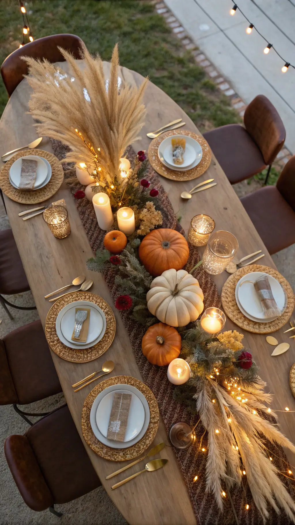 Overhead view of a 12ft round table set with a spiral arrangement of metallic pumpkins, pampas grass centerpiece, gold-rimmed chargers, rust velvet napkins, and brass candlesticks, surrounded by brown leather chairs in late afternoon light.