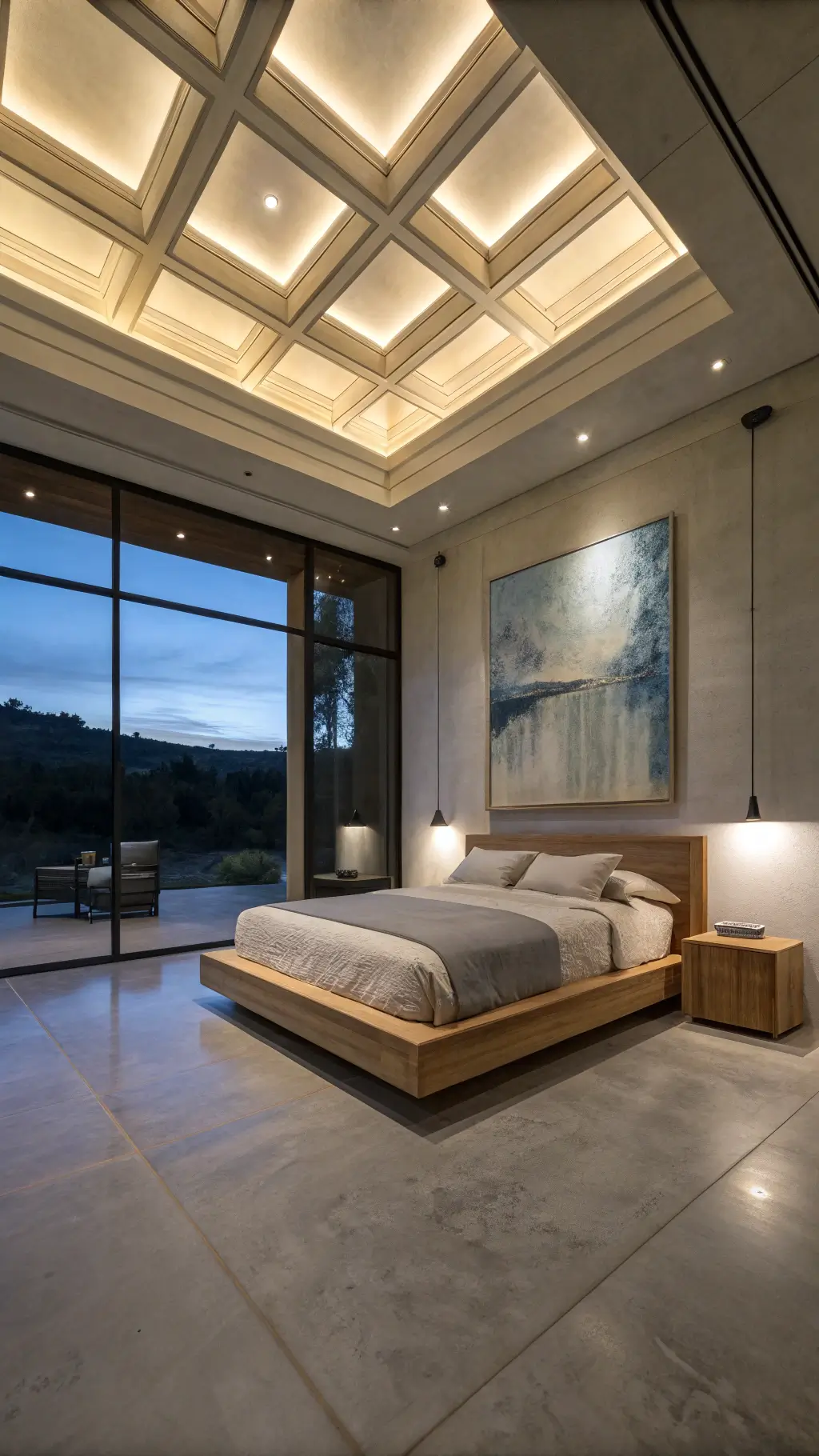 Minimalist twilight bedroom with coffered ceiling, cove lighting, low teak platform bed, abstract painting, and reflective concrete floors.