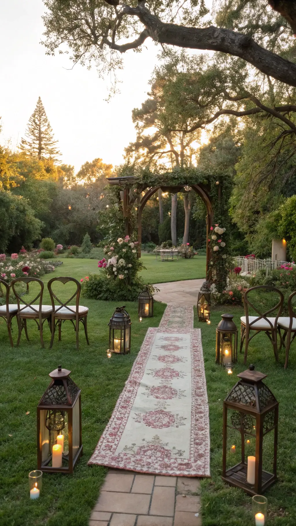 Victorian garden ceremony setup with manicured lawn, antique iron chairs, Persian runner, wooden arch adorned with jasmine and roses, and brass lanterns in a color palette of sage green, blush pink, ivory, and weathered brass, under soft natural lighting.