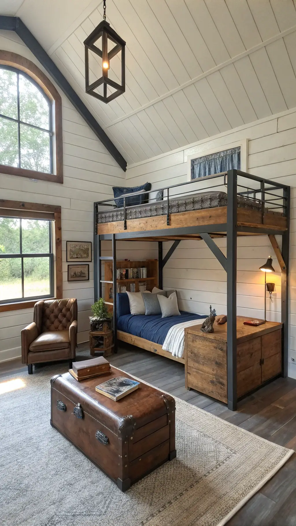 Modern rustic teen retreat featuring a spacious bedroom with a queen-size timber loft bed, leather butterfly chair, vintage trunk coffee table, and built-in reading nook, illuminated by natural afternoon light and Edison bulb pendant lighting.