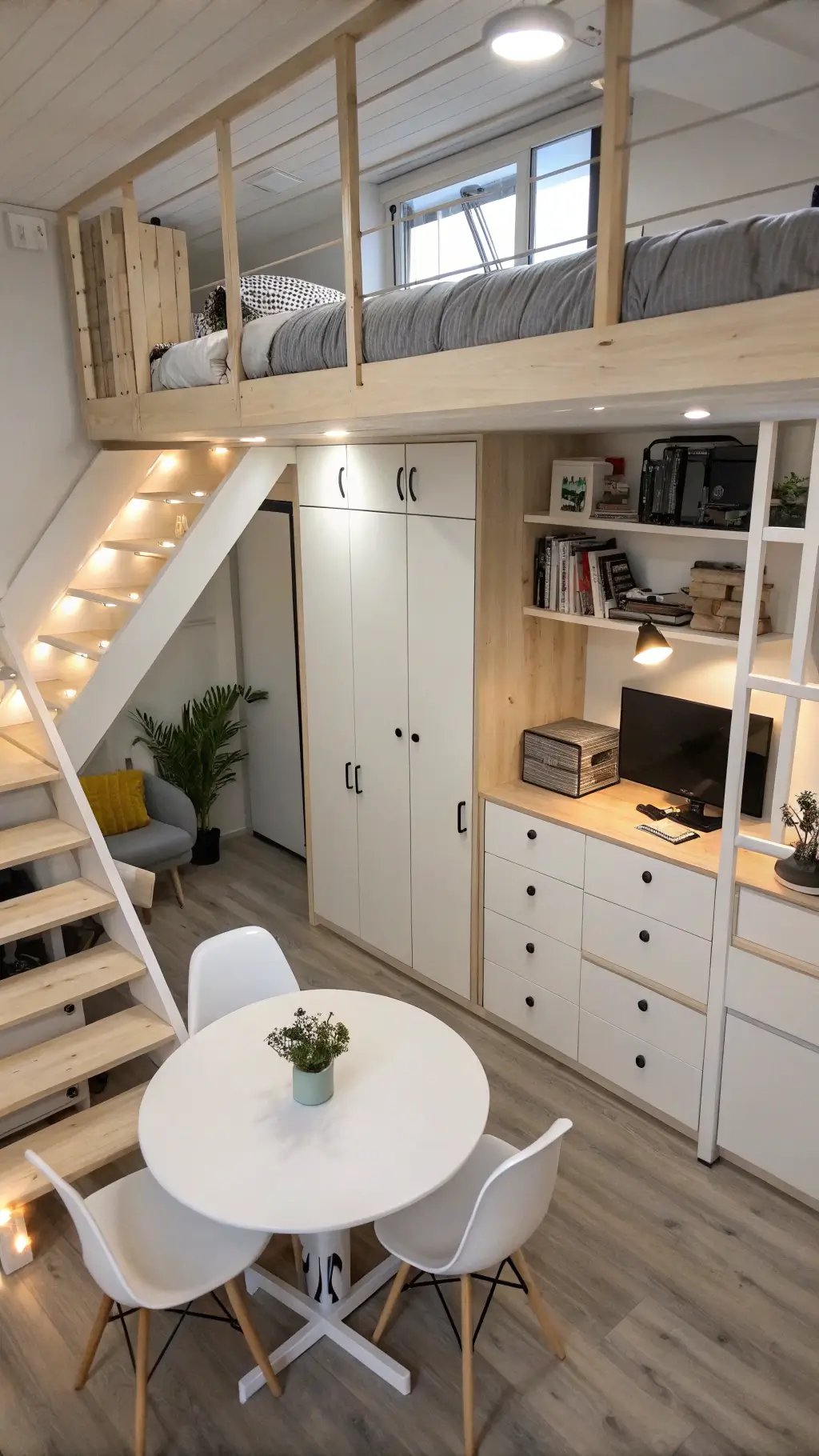 Scandinavian styled 300 sq ft studio loft with incorporated wardrobe storage in stairs, multifunctional dining/work space featuring ghost chairs and round tulip table, all in pale grey, white, and blonde wood palette with black hardware accents.