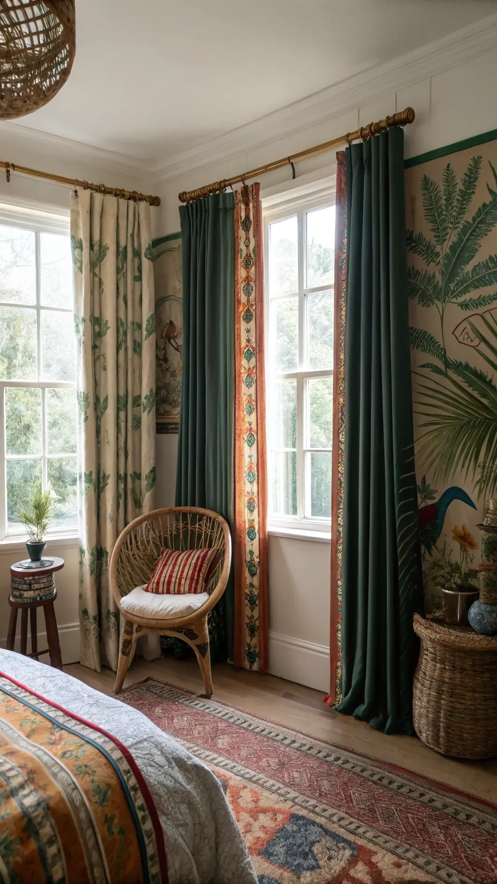 Eclectic 14x16ft bedroom with triple windows dressed in mixed-pattern curtains, antique brass rods, rattan peacock chair, vintage rugs, and ceramic collection; midday light filtering through.
