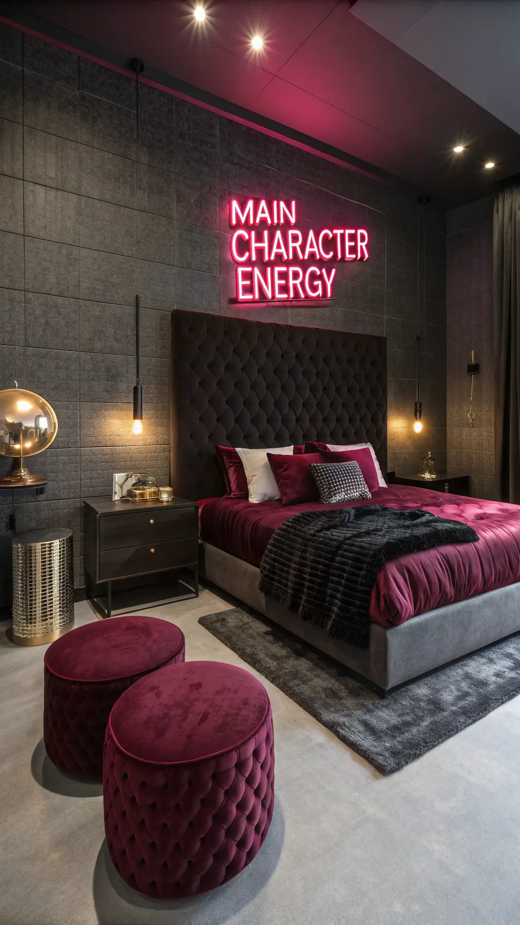 Stylish moody 15'x15' bedroom at dusk with uplit textured charcoal walls, queen bed with burgundy velvet and black silk bedding, oversized curved headboard, custom neon art piece illuminating the room in pink, with metallic pouf ottomans and chrome side tables, captured from the corner using a mix of warm LED, cool neon and natural twilight lighting.