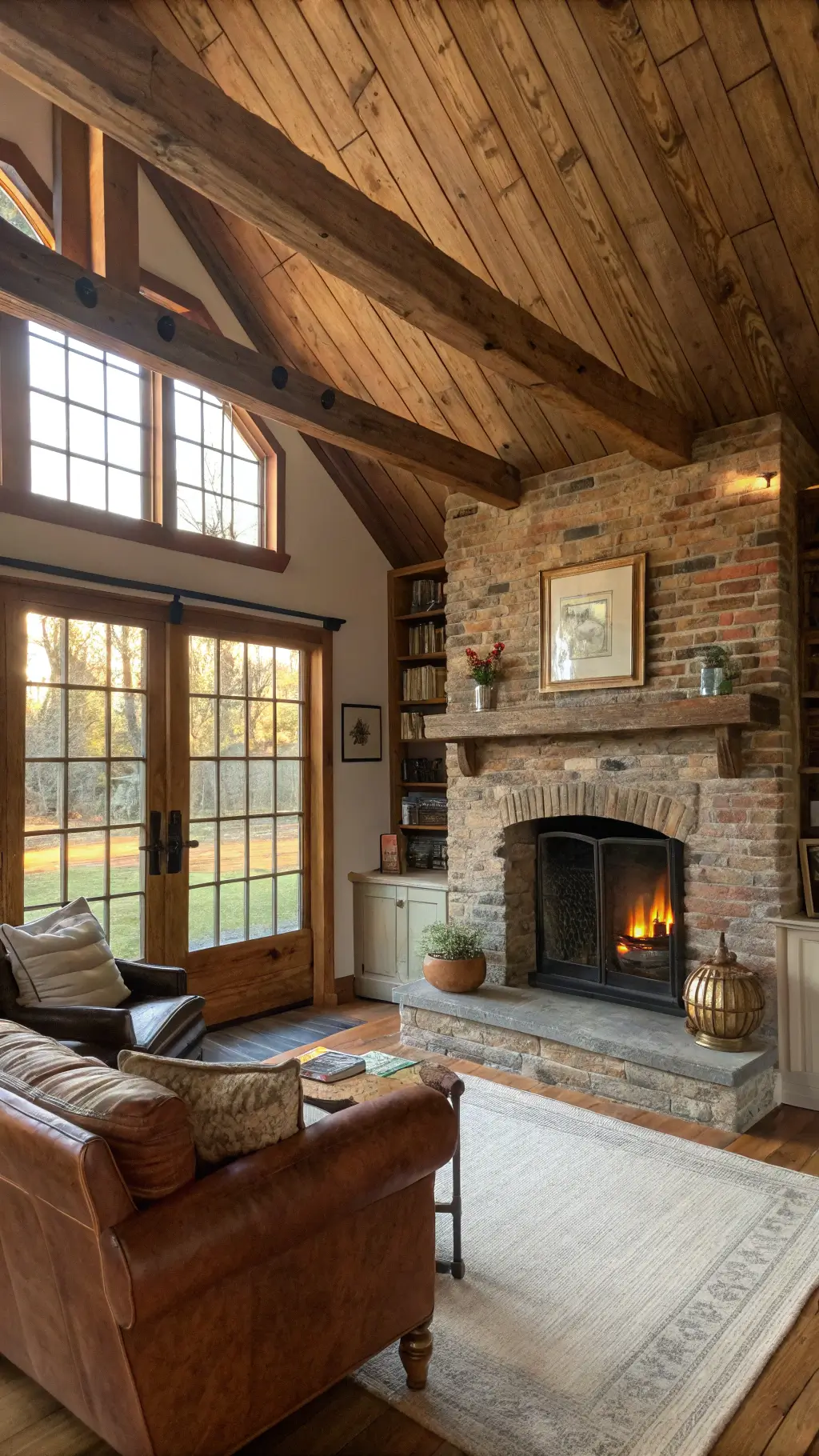 Rustic farmhouse living room with exposed wooden beams, brick fireplace, vintage windows, shiplap walls and cozy seating arrangement.