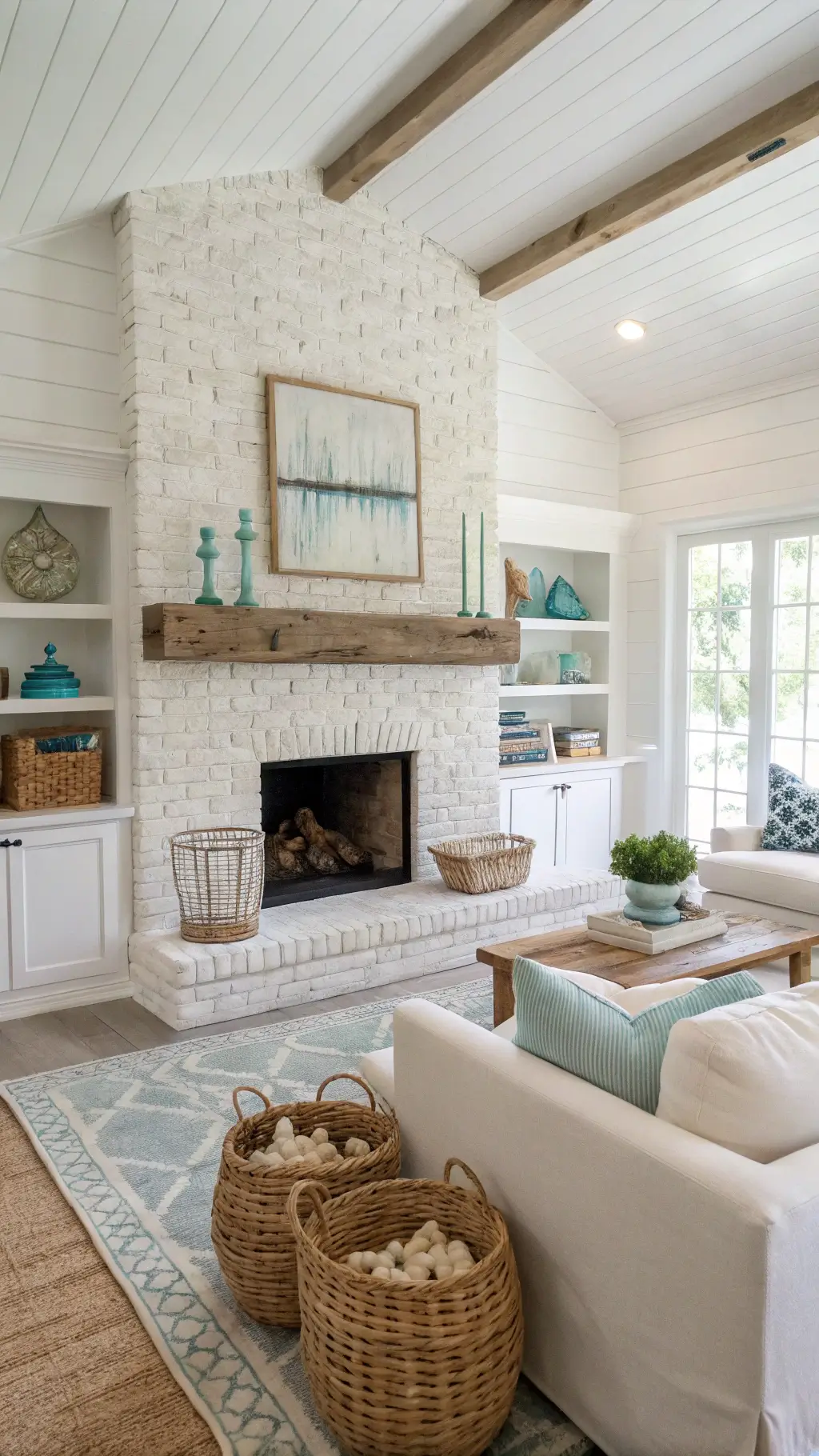 Bright and airy 18x20ft coastal casual family room featuring a whitewashed brick fireplace, natural driftwood mantel, collections of coral and shells, and slipcovered furniture in white linen.