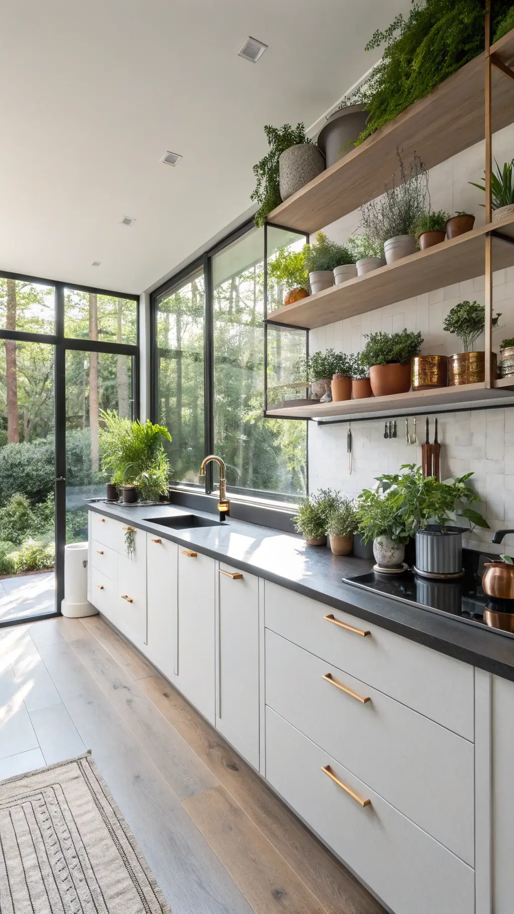 Modern kitchen with herb garden wall, white cabinetry, matte black countertops, wood accents and brass fixtures, illuminated by early morning light and soft fill lighting.