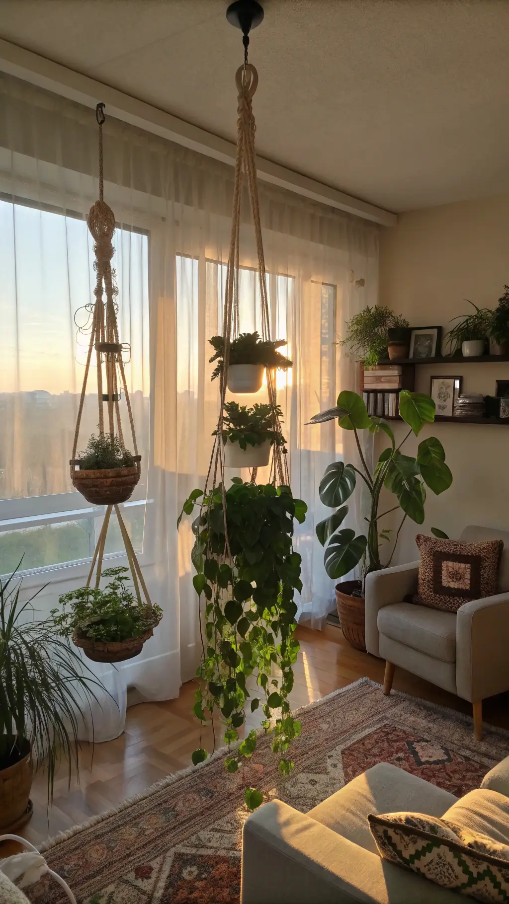 Bohemian style apartment living room in warm afternoon light featuring a vertical garden, macramé planters with pothos and spider plants, and mid-century modern furniture.