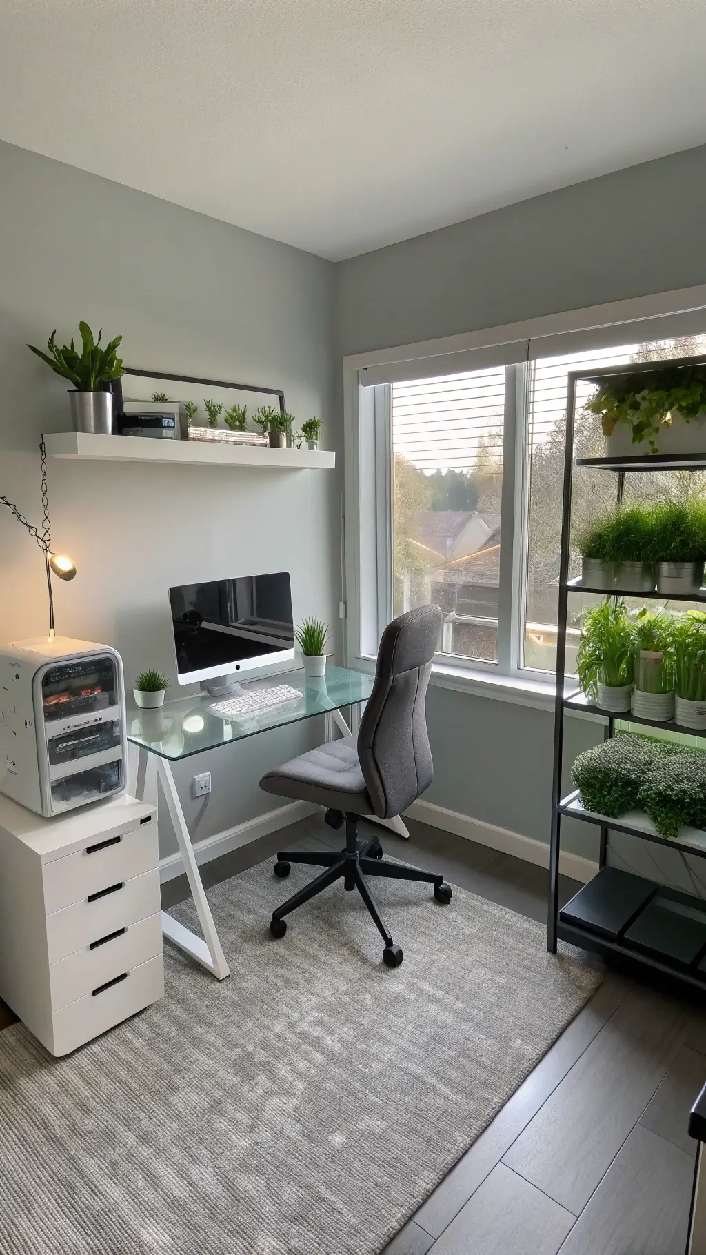 Modern minimalist home office with a hydroponic microgreens and lettuce station, glass desk, ergonomic chair, and grey floating shelves, bathed in cool morning light from a north-facing window, showcasing intersection of technology and nature.