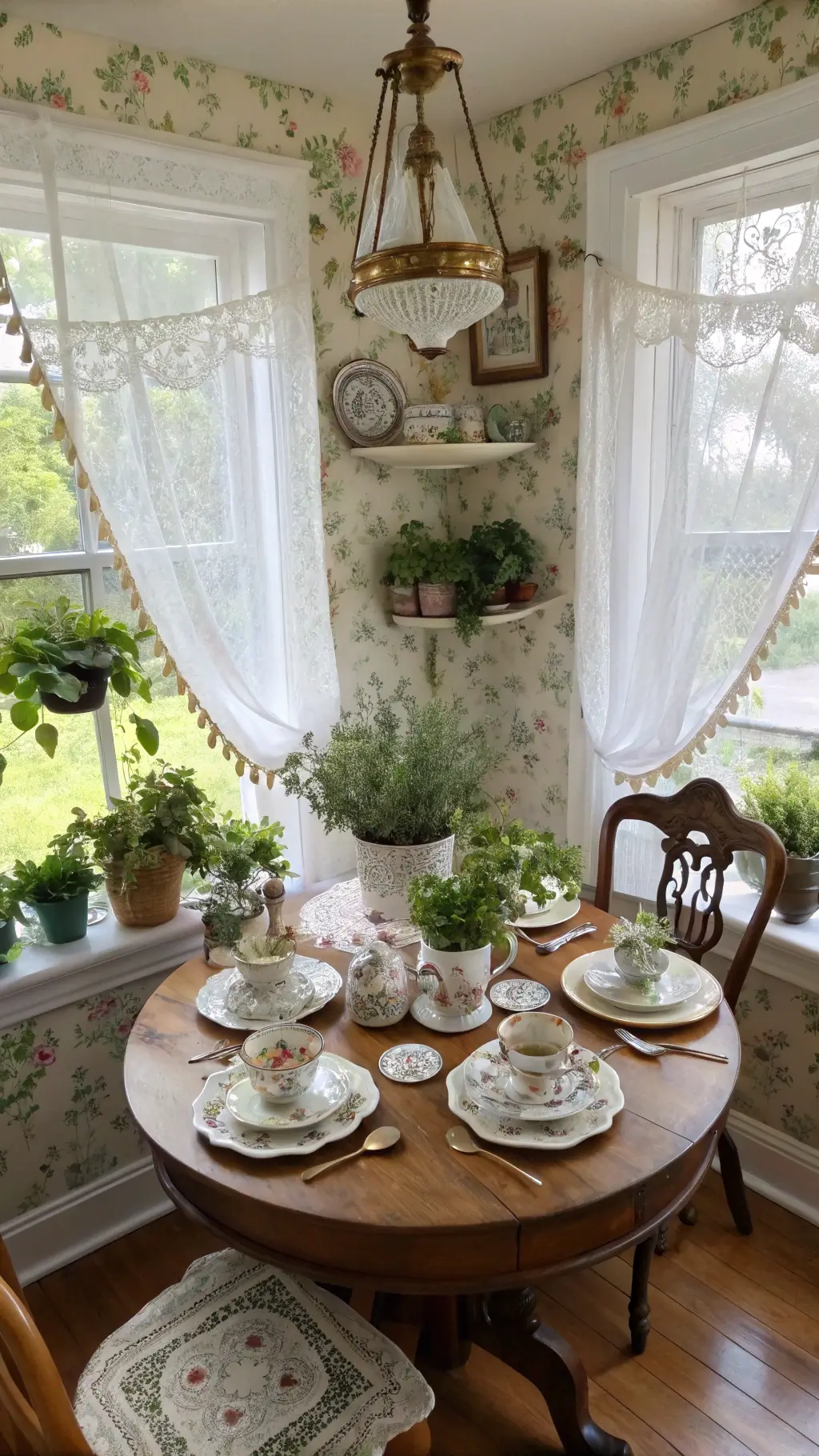 Overview of a whimsical Victorian-inspired breakfast nook featuring an antique table with a collection of fine china teacups repurposed as an herb garden, amidst mid-morning diffused light, floral wallpaper, brass accents, and lace curtains.