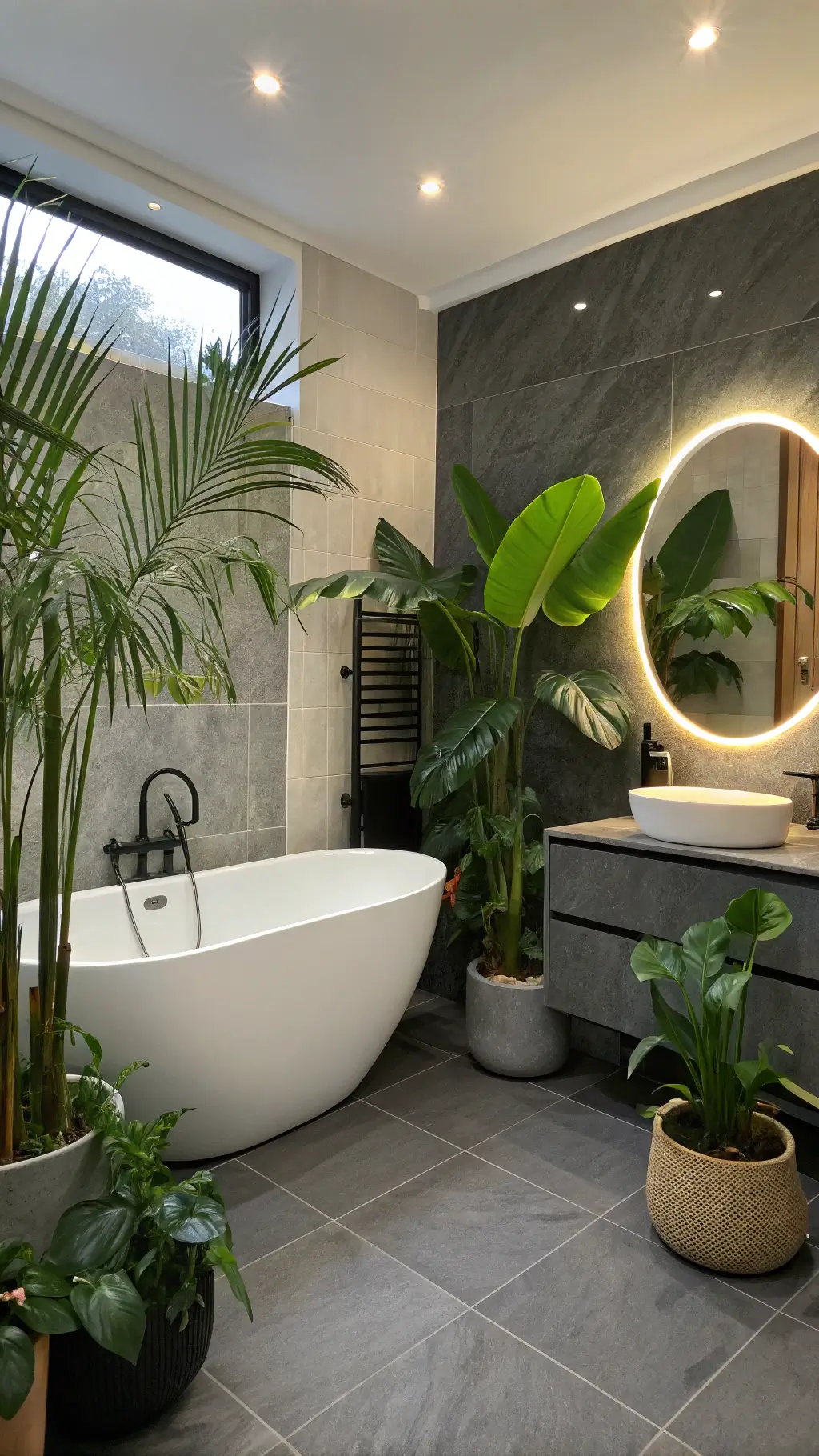 Spa-like contemporary bathroom transformed into a tropical oasis with freestanding tub, large-leaf monstera plants, bird of paradise in black planters, slate grey tiles, floating vanity and circular mirror under soft evening light and ambient LED strips.