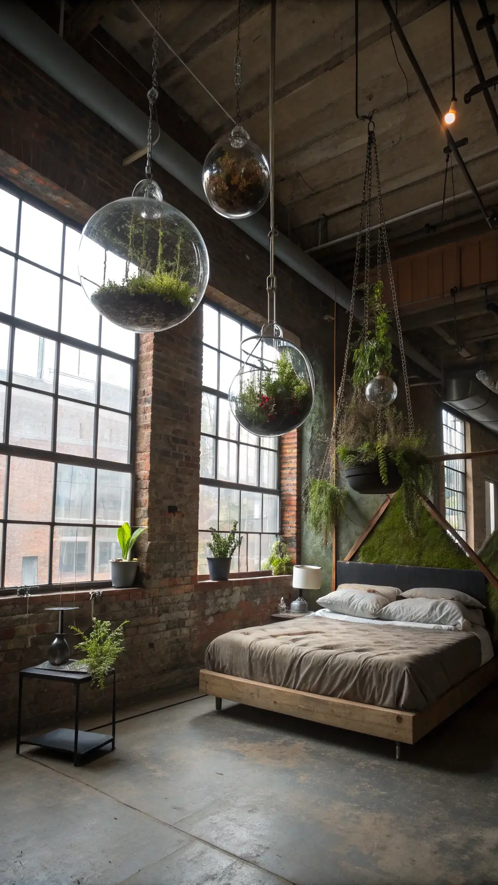 Industrial-style bedroom featuring suspended geometric glass terrariums filled with air plants and moss, lit by afternoon light through factory windows against an exposed brick wall with steel furniture and concrete floors; evoking the feel of an urban jungle.