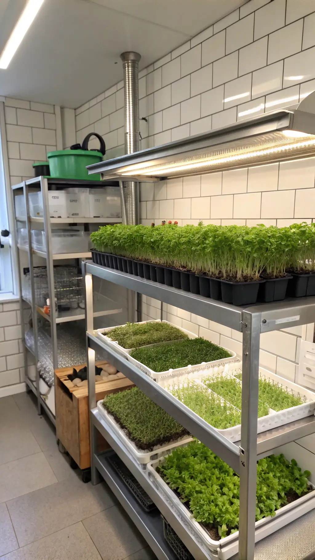 Professional-grade microgreen growing station in a compact, brightly lit studio kitchen featuring white subway tiles, butcher block counters, and culinary tools.