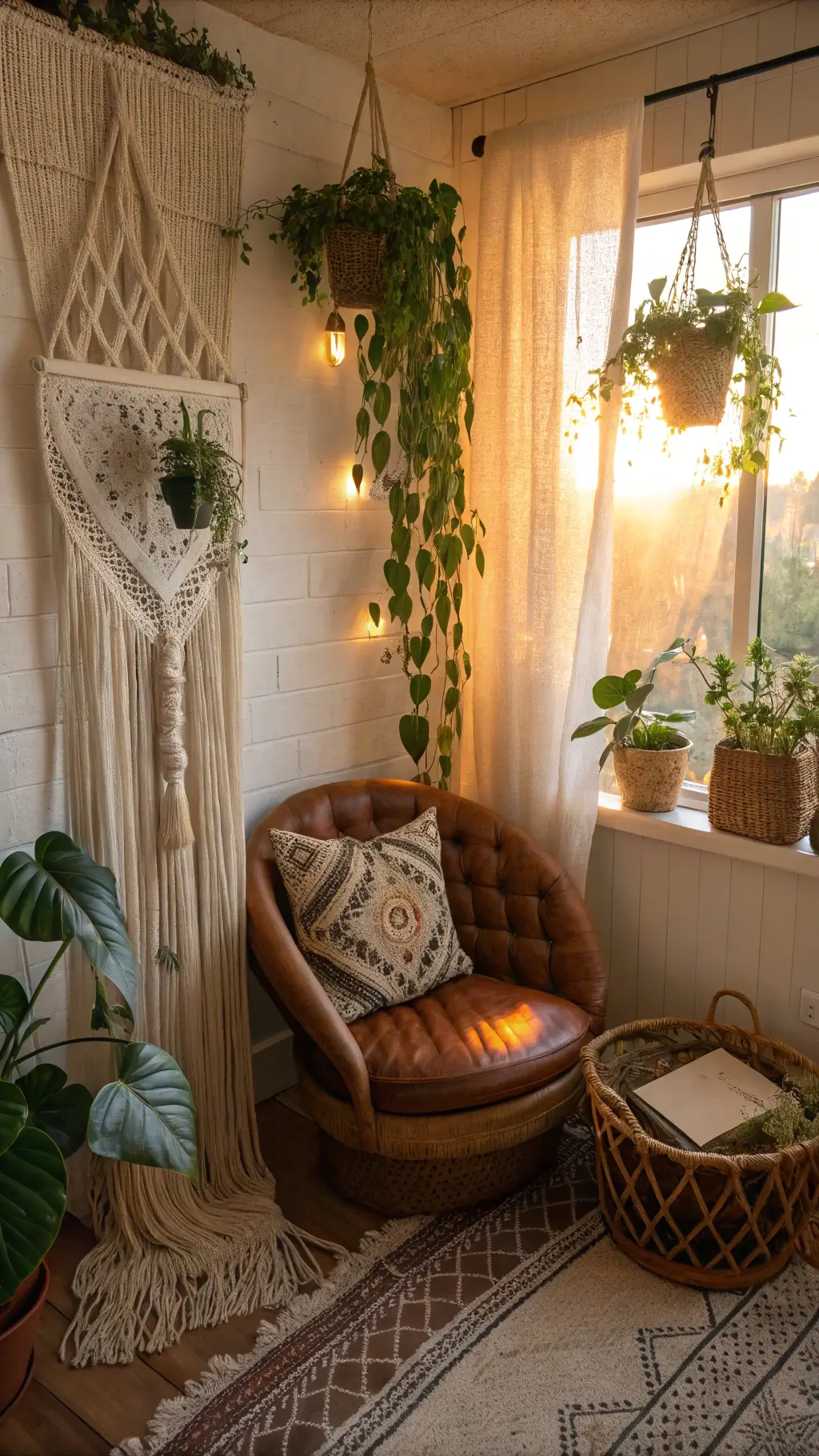 Cozy boho reading nook bathed in golden hour glow, featuring intricate macramé plant hangers, a vintage leather chair, kilim cushions, and woven basket planters.