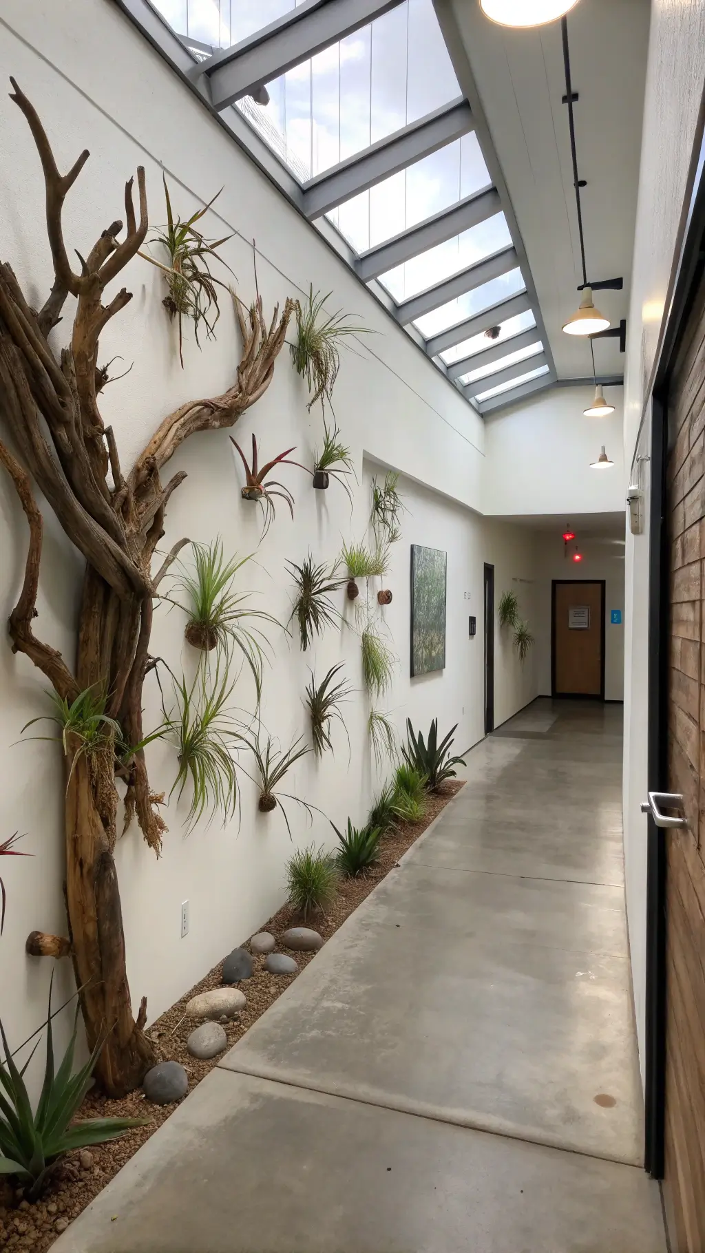 Modern, minimalistic entryway featuring driftwood and air plant installation on white wall, complemented by soft indirect skylight and copper accents.
