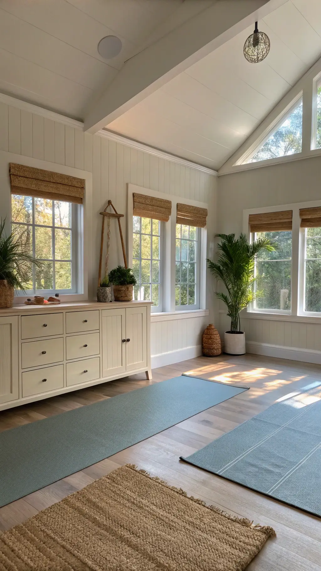 Bright 16x16ft corner room in a Wellness Studio Retreat with morning sunlight streaming through dual-aspect windows, cork flooring, floor-to-ceiling mirrors, pale ash wood storage cabinet, potted bamboo plants, and rolled natural fiber yoga mats in a copper stand.