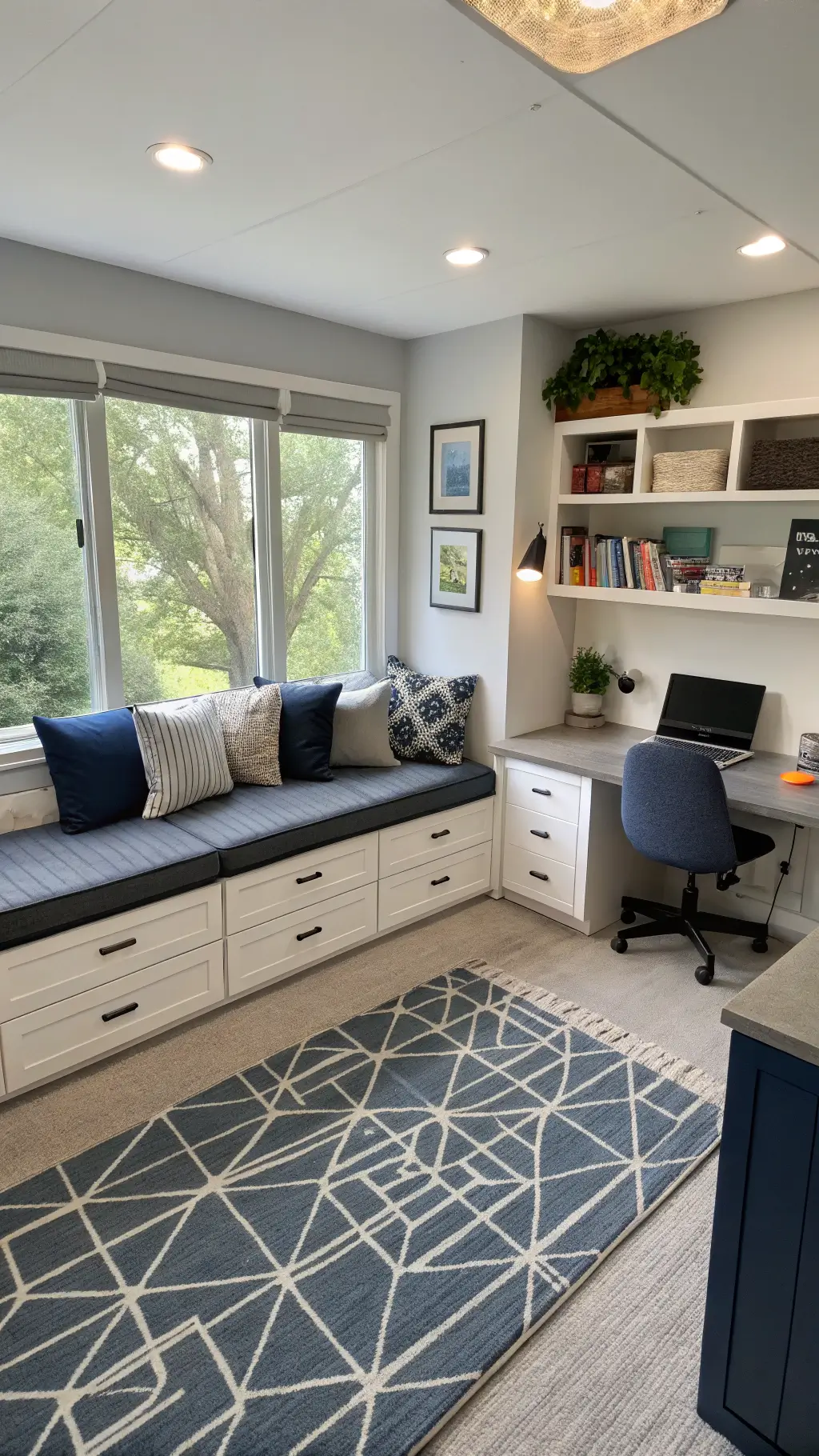 Open-plan family hub decorated with navy and grey modular furniture creating distinct zones, featuring a built-in window seat with storage and fabric cushions, wall-mounted fold-down desk, modern track lighting, and a geometric area rug under midday natural light.