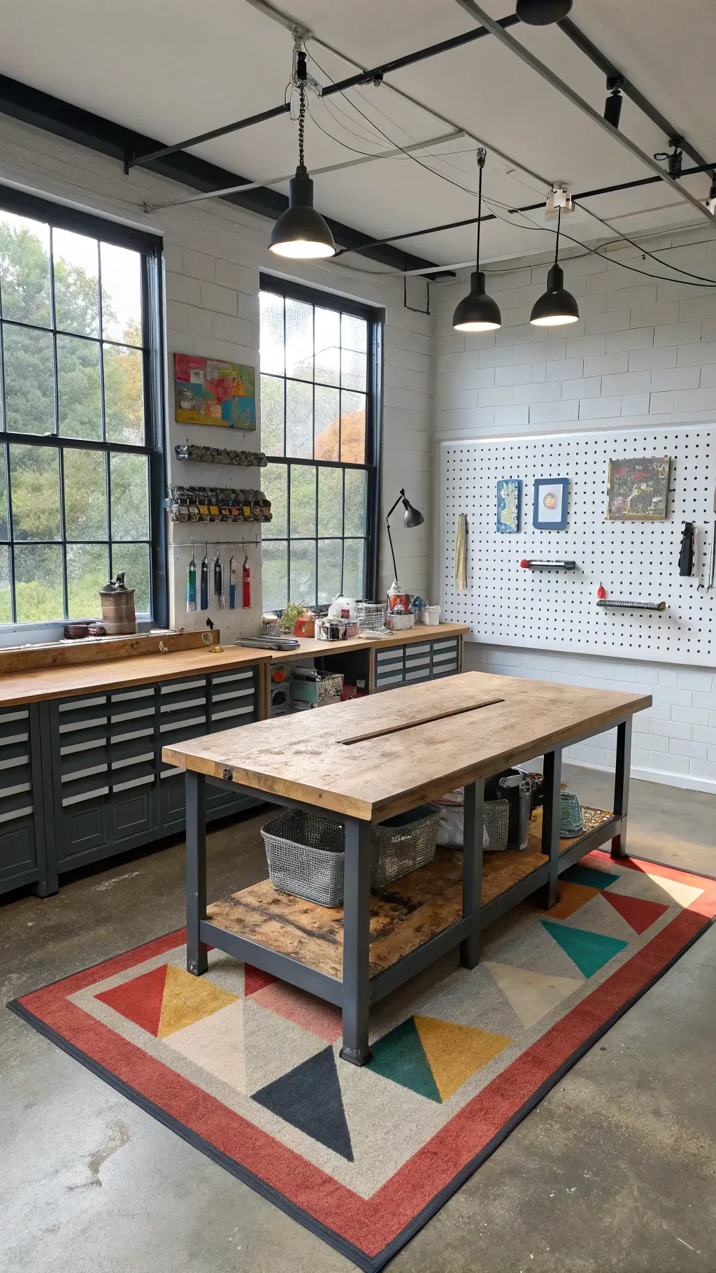 Overhead view of a spacious 15x18ft creative studio with industrial decor, featuring a large reclaimed wood craft table, gunmetal grey metal storage units, a white pegboard wall organizer and adjustable track lighting, all laid on a concrete-finish floor with a vibrant area rug, illuminated by ample natural light through north-facing windows.
