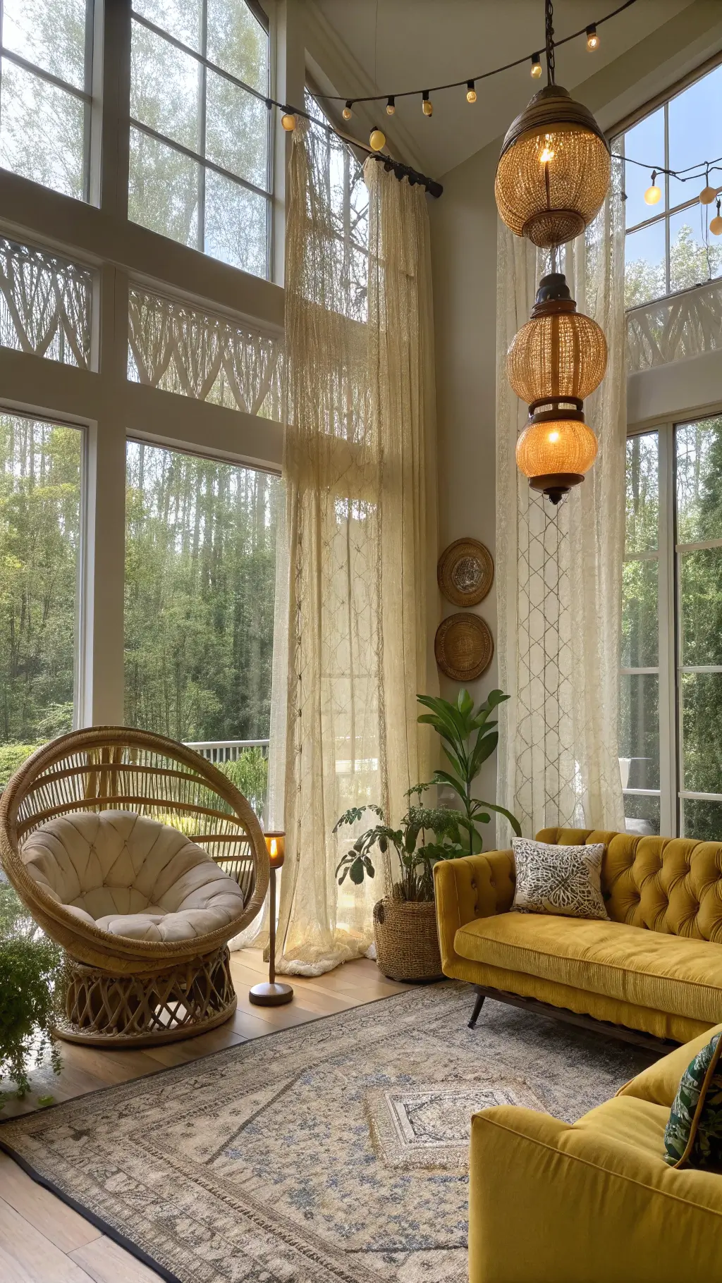 17x19ft Bohemian living room with macramé curtains, rattan peacock chair, mustard yellow velvet sofa, and Moroccan lanterns creating a magical atmosphere illuminated by natural and warm artificial light.