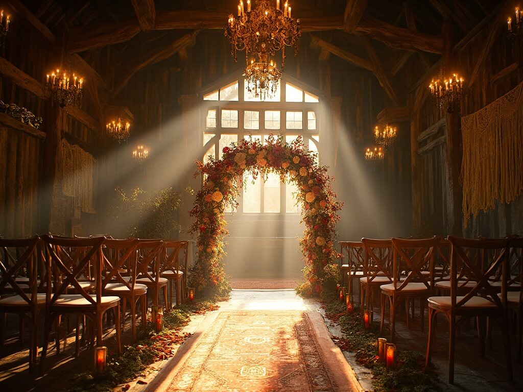 "Rustic barn wedding setup during golden hour with floral arch, vintage Persian runners, wooden chairs, and romantic lens flare along with vintage chandeliers lighting."