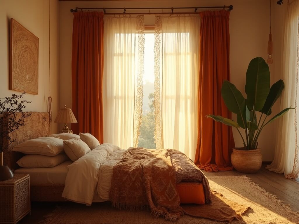 "Sunlit bohemian style bedroom with velvet curtains, rattan bed, and vintage decor"