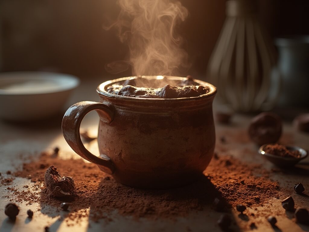 "Chocolate lava cake in a rustic mug with cocoa powder, chocolate chips, and a vintage spoon in foreground, soft-focused kitchen elements in the background, and melting ice cream on top under warm lighting."