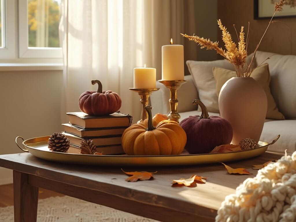 "Modern walnut coffee table styled with autumn décor including velvet pumpkins, vintage books, brass candlesticks, and wheat stalks in a sunlit living room"