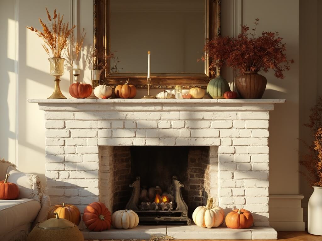 "Luxurious living room with white brick fireplace adorned with curated autumn decor, reflecting warm sunlight during golden hour"