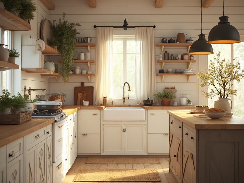"Sunlit farmhouse kitchen with white shiplap walls, cream cabinets, vintage sink, weathered oak shelving, butcher block island, natural textures, and warm lighting."