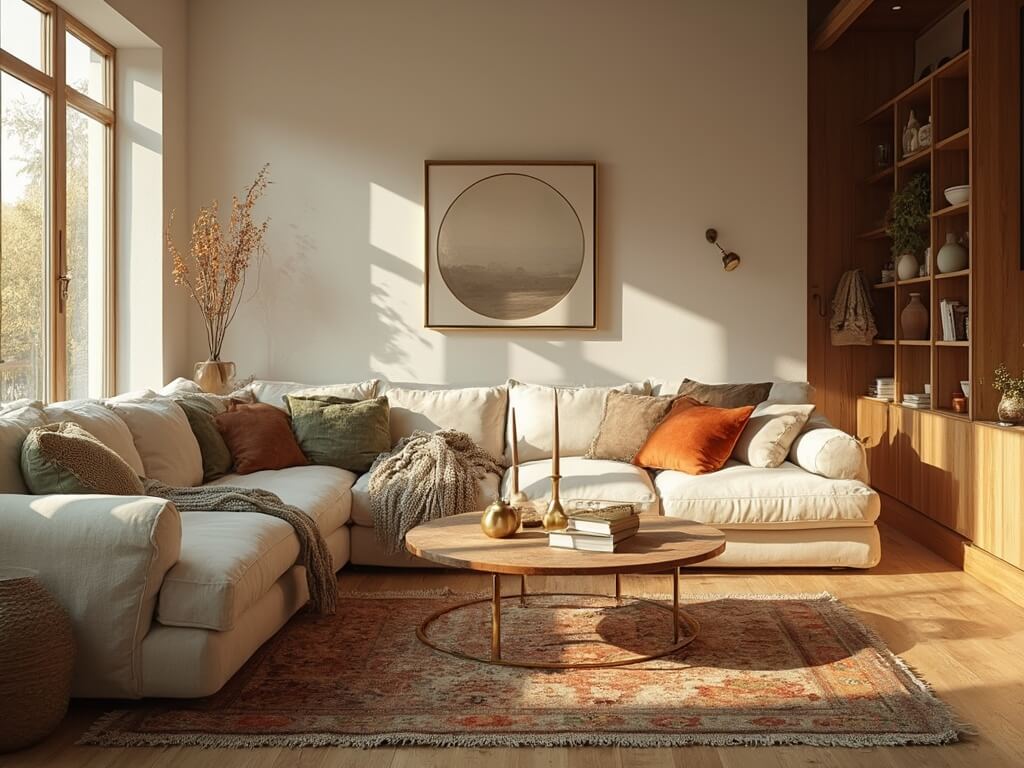 "Sunlit modern living room with cream linen sectional sofa, vintage Persian rug, oak coffee table, floor-to-ceiling windows and warm decor accents in earthy tones"