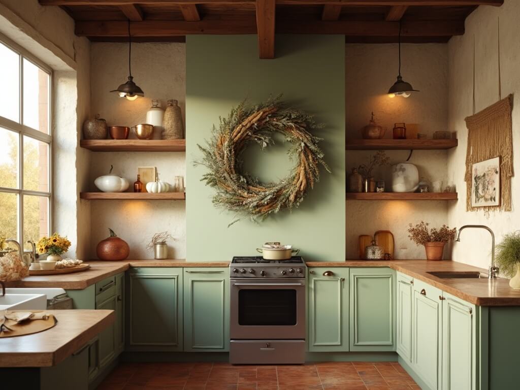 "Cozy rustic-modern kitchen with sage green accent wall, vintage copper cookware, and warm natural lighting during golden hour"