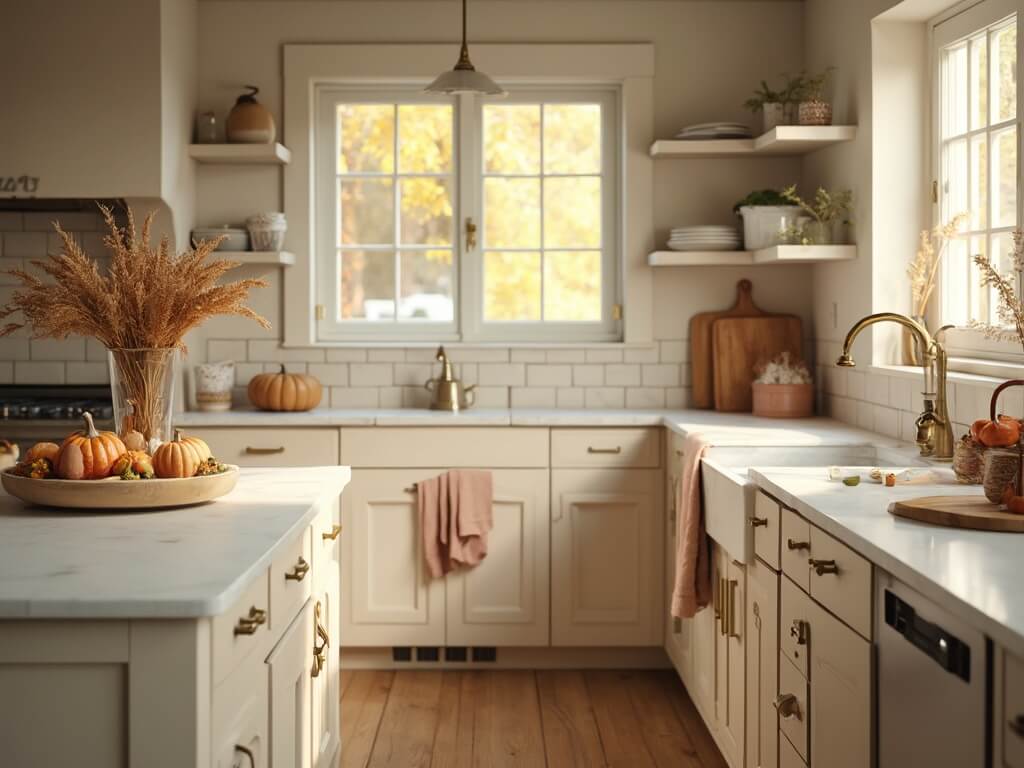 "Rustic farmhouse kitchen in morning light, featuring cream cabinets, marble island with copper kettle and mini pumpkins, oak floors, and aged wooden accessories."