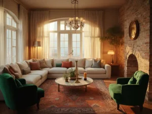 "Cozy and spacious living room with warm lighting, decorated with a linen sofa, velvet armchairs, vintage rug, and an exposed brick wall."