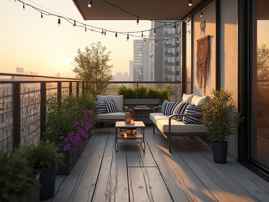 "Cozy urban balcony with modern bistro set, string lights, multi-level greenery, folding teak bench with navy and white striped pillows, Moroccan-style lanterns, and macramé wall hanging at golden hour with city skyline in the background"