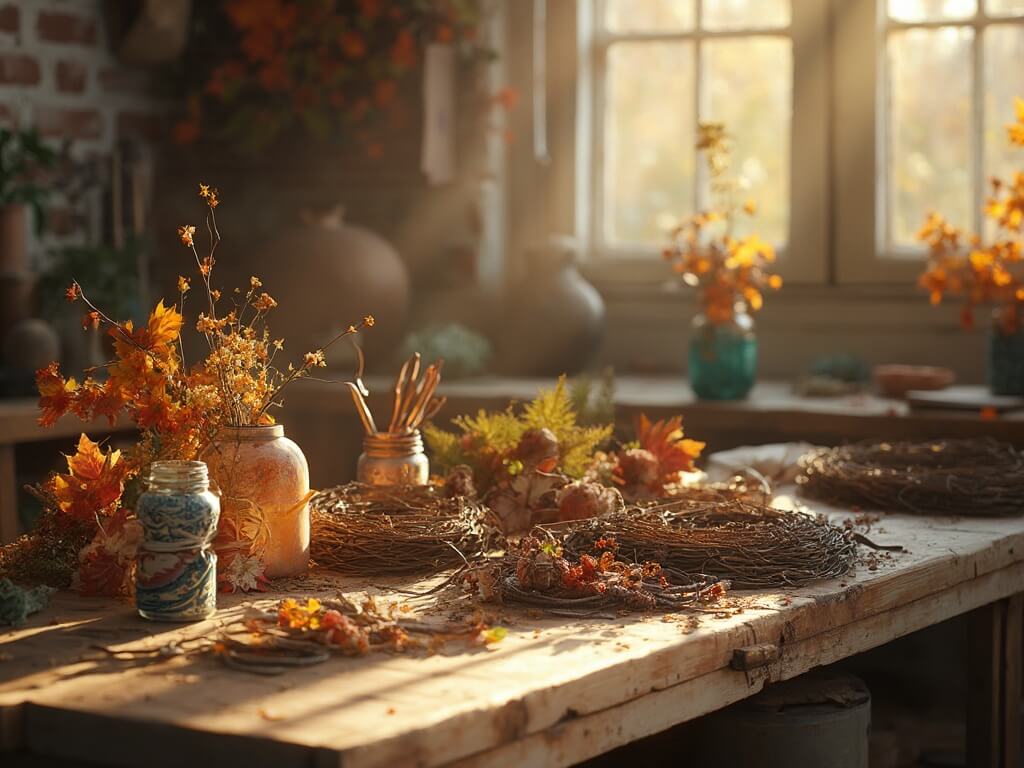 "Rustic workshop scene featuring DIY fall wreath materials on vintage wooden workbench, bathed in warm golden hour light."