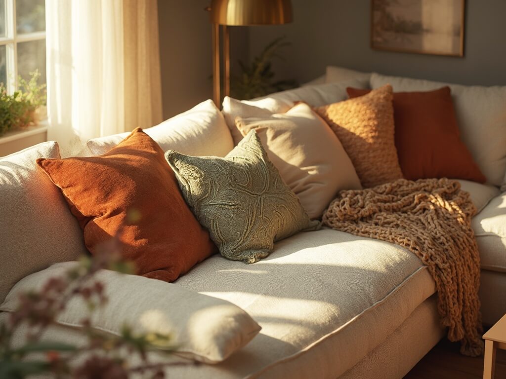 "Contemporary living room in warm autumnal colors with a cream linen sectional decorated with velvet, wool, and linen pillows, lit by afternoon sunlight through sheer curtains"