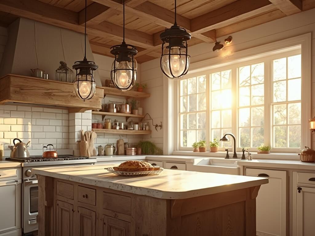 "Sunlit farmhouse kitchen with exposed wooden beams, black pendant lights, soapstone countertop island, copper pots on open shelving, and a fresh-baked pie cooling on antique rack."