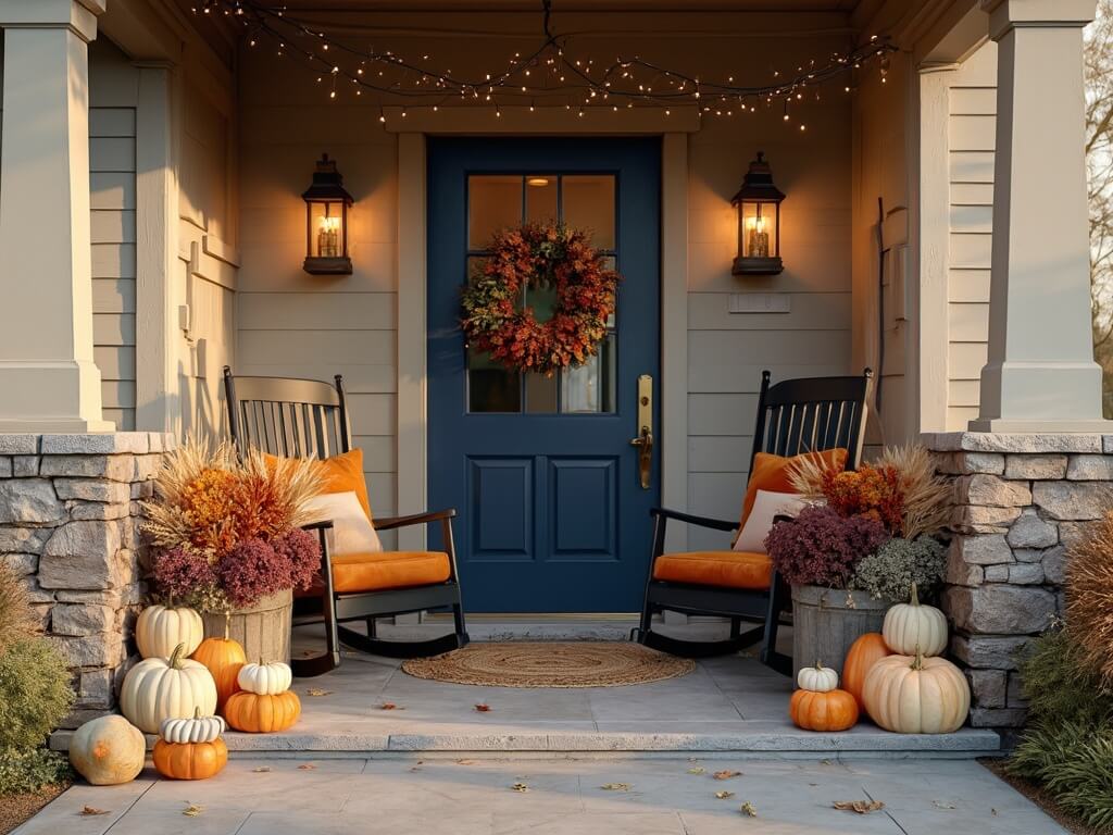 "Craftsman-style porch with antique blue door, heirloom pumpkins, chrysanthemums in copper planters, eucalyptus wreath, cozy rocking chairs with velvet pillows and chunky knit throws, fairy lights, in golden hour lighting."
