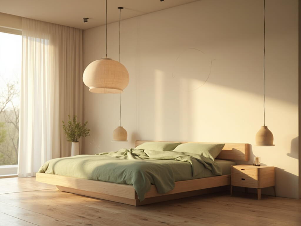 "Japandi-style bedroom at golden hour featuring a pendant lamp, oak platform bed with sage green bedding, and organic natural elements"